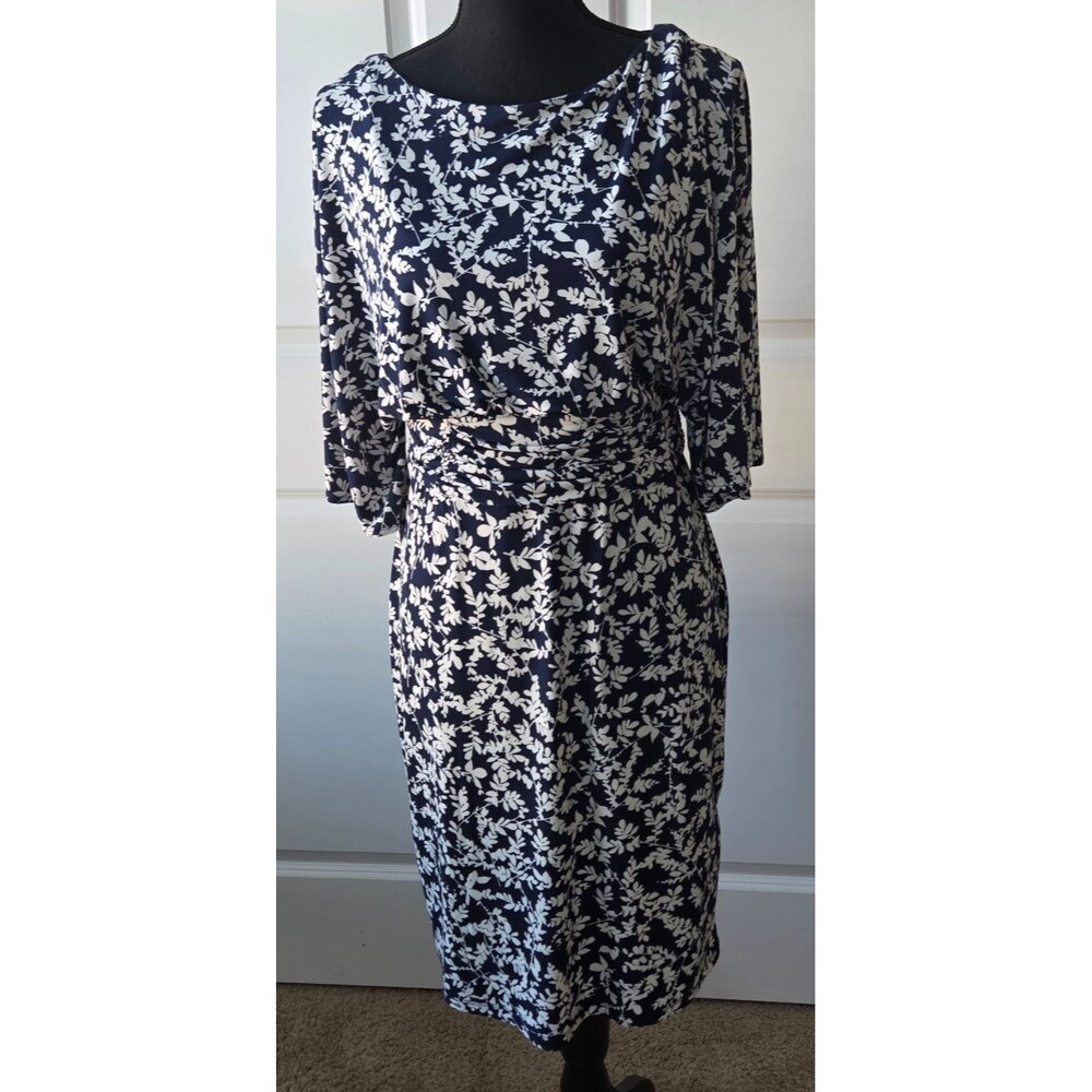 JH Collectibles Women's Size 6 Navy Blue White Floral Ruched Waist Sheath Dress